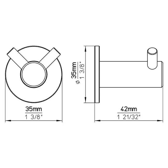 Siro Garderobenhaken 2283-42N1 - L x B x H: 35 x 35 x 42 mm, Anzahl Haken: 2 Stk. - Technische Zeichnung eines Mantelhaken mit Maßangaben.