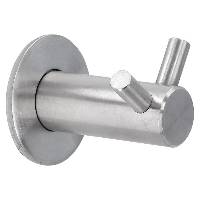 Siro Garderobenhaken 2283-42N1 - L x B x H: 35 x 35 x 42 mm, Anzahl Haken: 2 Stk. - Nahaufnahme eines eleganten, doppelten Mantelhaken aus gebürstetem Edelstahl, ideal für moderne Badezimmer oder Flure.