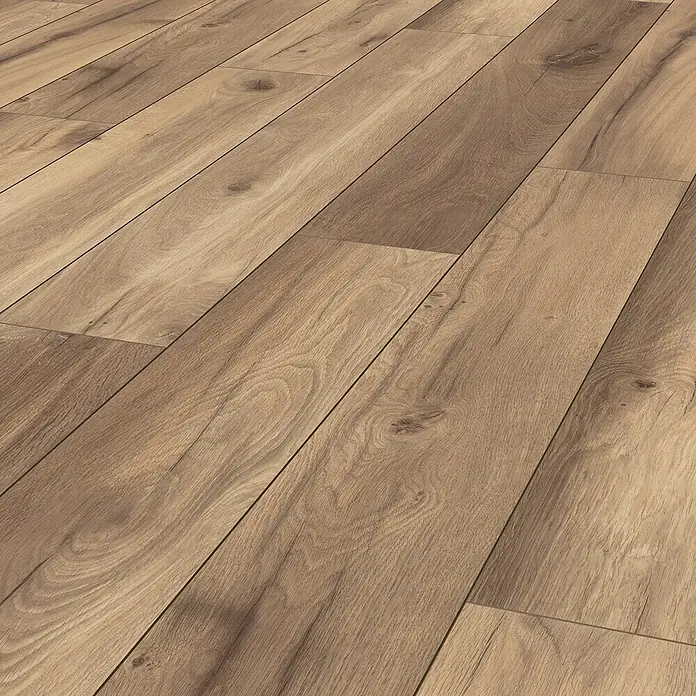 Krono Original Laminatmuster Classic Silent Eco - Historic Oak, 297 x 195 x 8 mm, Landhausdiele - Nahaufnahme von Laminatboden in Holzoptik, der Wärme und Natürlichkeit in jeden Raum bringt. Die Oberfläche ist detailreich gestaltet.