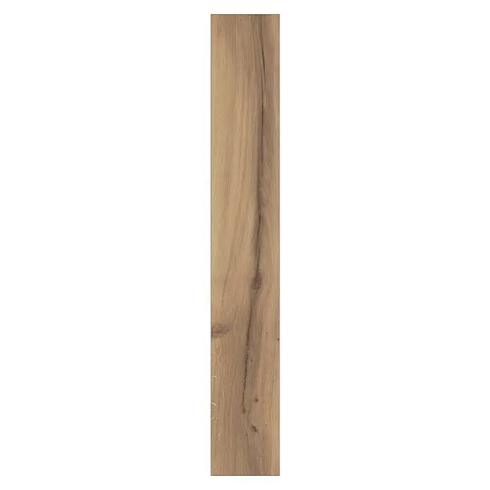 LOGOCLIC Aquaprotect Laminado Roble Wild West - 1.288 x 195 x 8 mm, Roble Wild West, AC5, Resistente al agua - Primer plano de una lama laminada con aspecto de madera con grano y nudos marcados. Ideal para suelos elegantes.