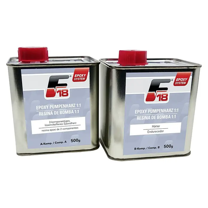 F18 Epoxidharz-Set - 1 x Epoxidharz (500g), 1 x Härter (500 g) - Zwei Dosen F18 Epoxidharz 1:1 System, bestehend aus Harz (A) und Härter (B), jeweils 500g.