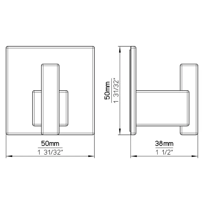 Siro Handtuchhaken - L x B x H: 50 x 50 x 38 mm, Anzahl Haken: 1 Stk., Verchromt poliert - Produktskizze eines quadratischen Wandhaken mit den Maßen 50x50mm und 38mm Tiefe.