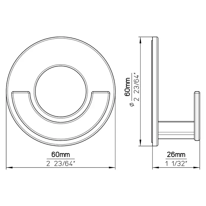 Siro Garderobenhaken - Ø x H: 60 x 26 mm, Silber, Stahl - Technische Zeichnung einer runden Wandgarderobe mit Maßen. Das Produkt ist 60mm hoch und 26mm tief.