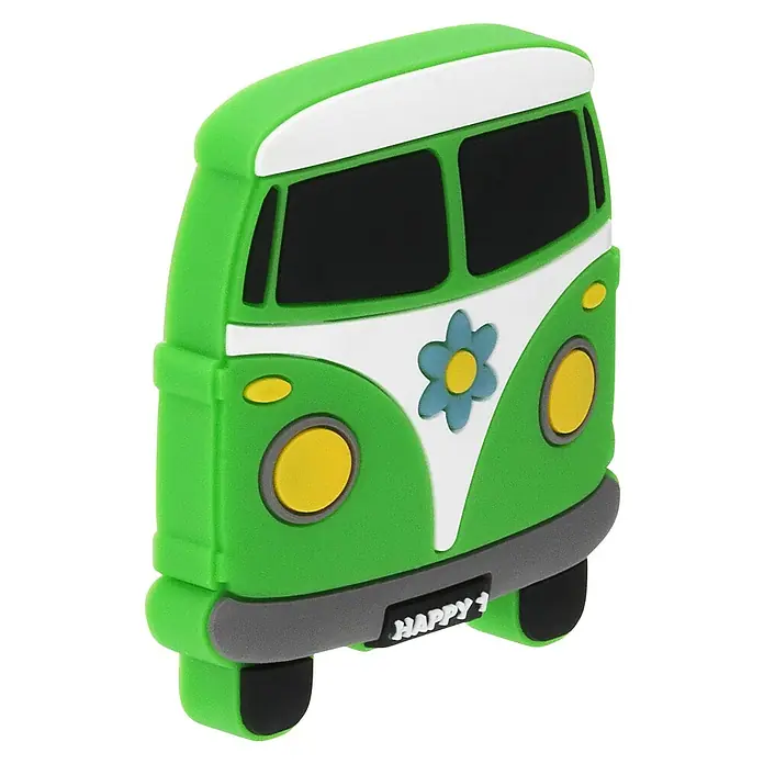 Siro Möbelknopf - Typ Möbelgriff: Sonstige, Kunststoff, Sonstige, Bus - Ein grüner VW-Bus als Kühlschrankmagnet. Der Magnet hat einen weißen Streifen und eine Blume auf der Vorderseite.
