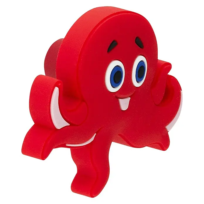 Siro Kinder-Möbelknopf - Typ Möbelgriff: Sonstige, Kunststoff, Sonstige, Ausführungseigenschaft: Krake - Nahaufnahme einer roten Oktopus-Badezimmerarmatur mit freundlichem Gesicht und Saugnäpfen, die auf einem schwarzen Hintergrund schwebt.