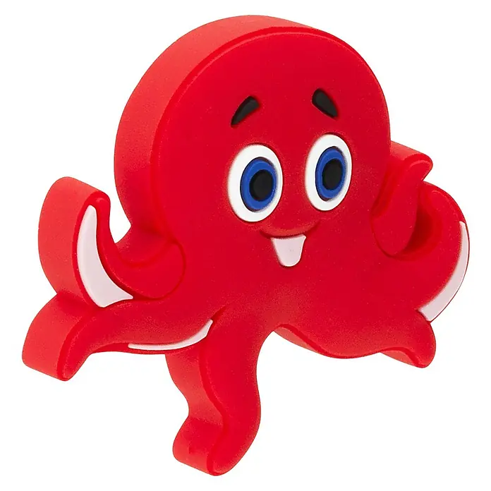 Siro Kinder-Möbelknopf - Typ Möbelgriff: Sonstige, Kunststoff, Sonstige, Ausführungseigenschaft: Krake - Nahaufnahme eines roten Tintenfisch-Spielzeugs mit großen, blauen Augen und einem freundlichen Lächeln auf einem schwarzen Hintergrund.