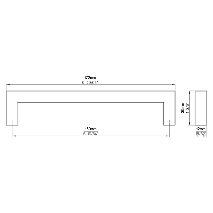 Siro Möbelgriff - Typ Möbelgriff: Bügel, Sonstige, Sonstige, Länge: 172 mm, Rechteckig - Produktzeichnung eines U-förmigen Griffs mit den Maßen 172 mm Länge, 35 mm Höhe und 12 mm Tiefe.