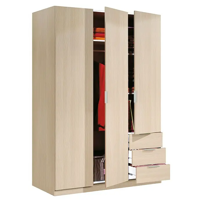 Armario para ropa Basic - L x An x Al: 52 x 121 x 180 cm, Roble - Armario de madera de tres puertas con puertas parcialmente abiertas y cajones para guardar ropa.