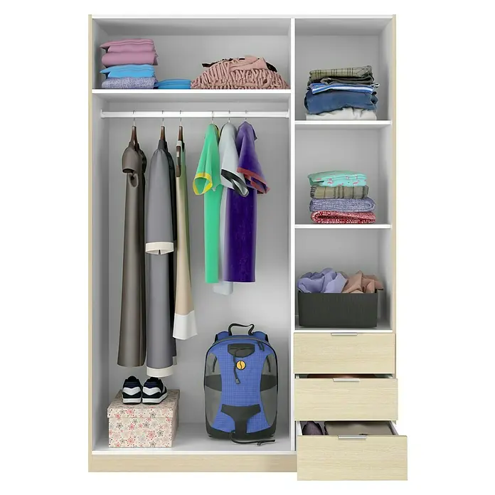 Armario para ropa Basic - L x An x Al: 52 x 121 x 180 cm, Roble - Armario con ropa colgada, objetos apilados y cajones, ofrece soluciones de almacenamiento organizadas para ropa y accesorios.