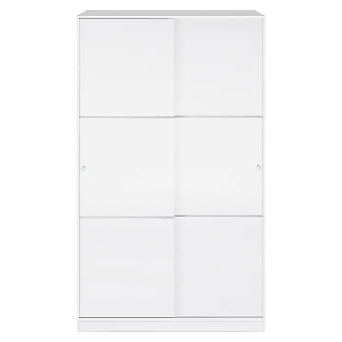 Armario de puertas correderas Ward - L x An x Al: 50 x 120 x 200 cm, Blanco brillo - En la imagen, un armario blanco con seis compartimentos y puertas correderas, que ofrece un amplio espacio de almacenamiento con un diseño moderno.