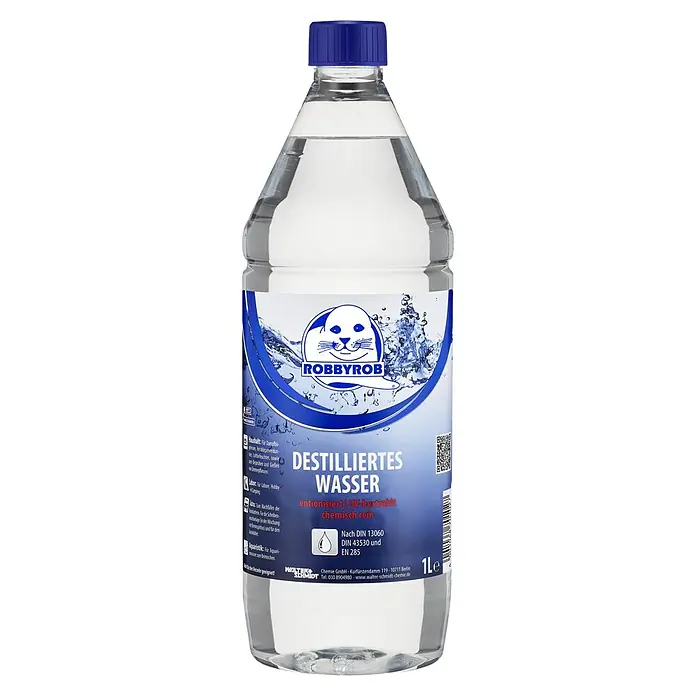 Robbyrob Destilliertes Wasser - 1 l - Flasche mit destilliertem Wasser von Robby Rob. Entionisierte, UV-bestrahlte und chemisch reine Qualität in der 1-Liter-Flasche.