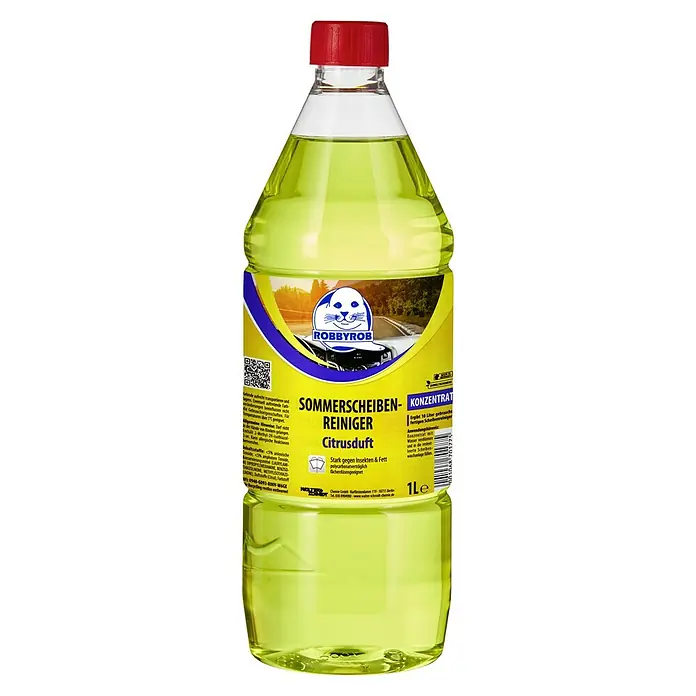 Robbyrob Scheibenklar Konzentrat - Citrus, 1 l - Flasche Sommer-Scheibenreiniger mit Zitrusduft von Robbyrob. Stark gegen Insekten und Fett, für klare Sicht im Sommer.