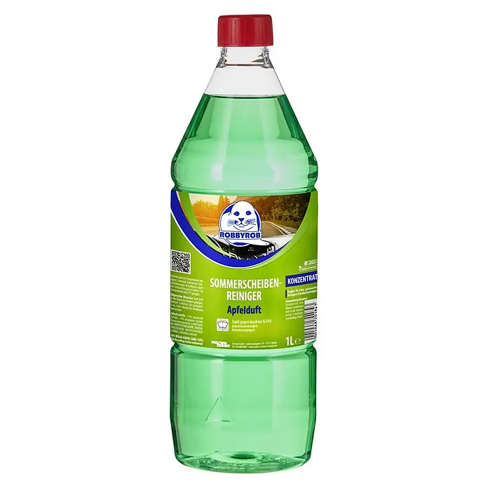 Robbyrob Scheibenklar Konzentrat - Apfel, 1 l - Eine Flasche Robbyrob Sommerscheibenreiniger Apfelduft, ein Konzentrat für klare Sicht im Sommer, mit rotem Deckel und grünem Inhalt.