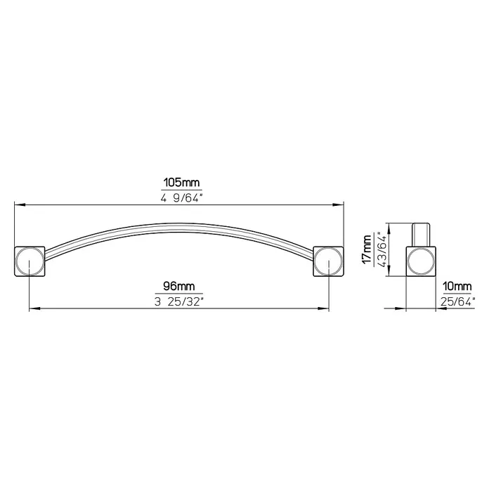 Siro Möbelgriff - Typ Möbelgriff: Bügel, Sonstige, Sonstige, B x L: 10 x 105 mm - Produktbild mit Maßangaben für einen Möbelgriff, inklusive Länge (105mm), Lochabstand (96mm) und Griffhöhe (17mm).