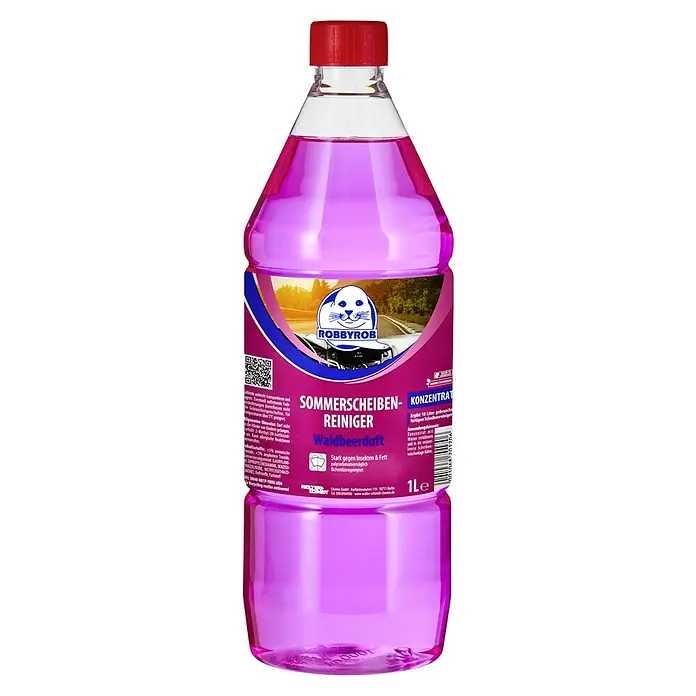 Robbyrob Scheibenklar Konzentrat - Waldbeere, 1 l - Flasche RobbyRob Sommer Scheibenreiniger Waldbeerduft, 1 Liter. Stark gegen Insekten und Fett für klare Sicht beim Autofahren.