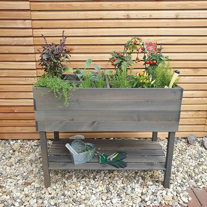 Promadino Kräuterhochbeet - L x B x H: 100 x 50 x 80 cm, Grau - Der graue Pflanztisch aus Holz ist mit Kräutern, Gemüse und Gartenwerkzeug bepflanzt und bietet eine praktische Arbeitsfläche für den Garten.