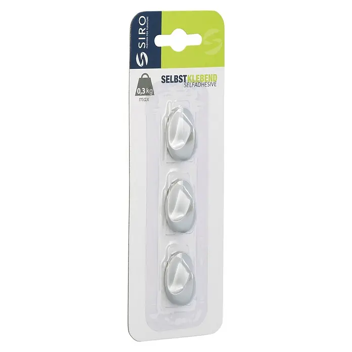 Siro Handtuchhaken - Gesamtstückzahl: 3 Stk., L x B x H: 18 x 29 x 14 mm, Anzahl Haken: 1 Stk. - Verpackung mit drei selbstklebenden SIRO-Haken für Möbel mit einer maximalen Tragkraft von 0,3 kg zur einfachen Montage.