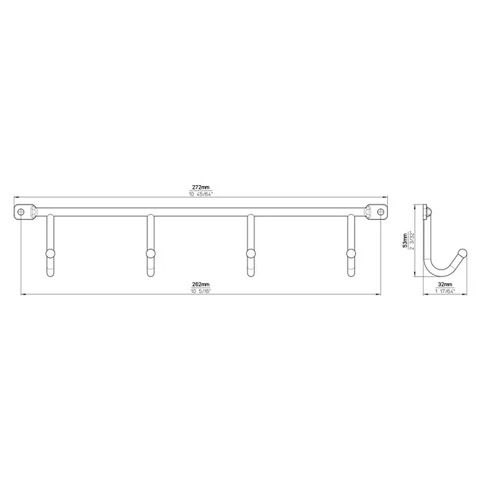 Siro Garderobenleiste 2081-272ZN1 - L x B x H: 272 x 53 x 32 mm, Anzahl Haken: 4 Stk. - Technische Zeichnung einer Wandgarderobe mit vier Haken und Maßangaben für Länge (272mm), Höhe (53mm) und Tiefe (32mm).