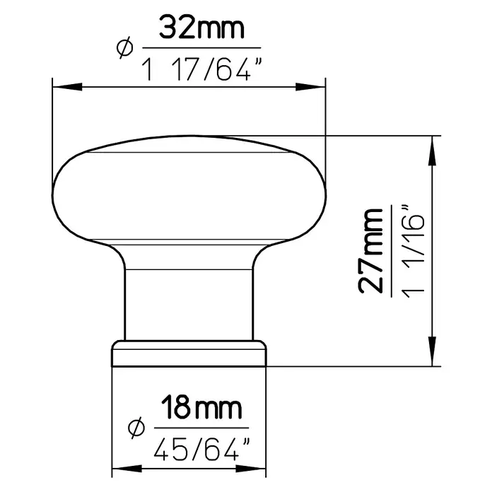 Siro Möbelknopf - Typ Möbelgriff: Knopf, Kunststoff, Sonstige, Durchmesser: 32 mm - Technische Zeichnung des Knopfes mit Durchmesser 32mm und 18mm und Gesamthöhe 27mm für detaillierte Produktinformationen.