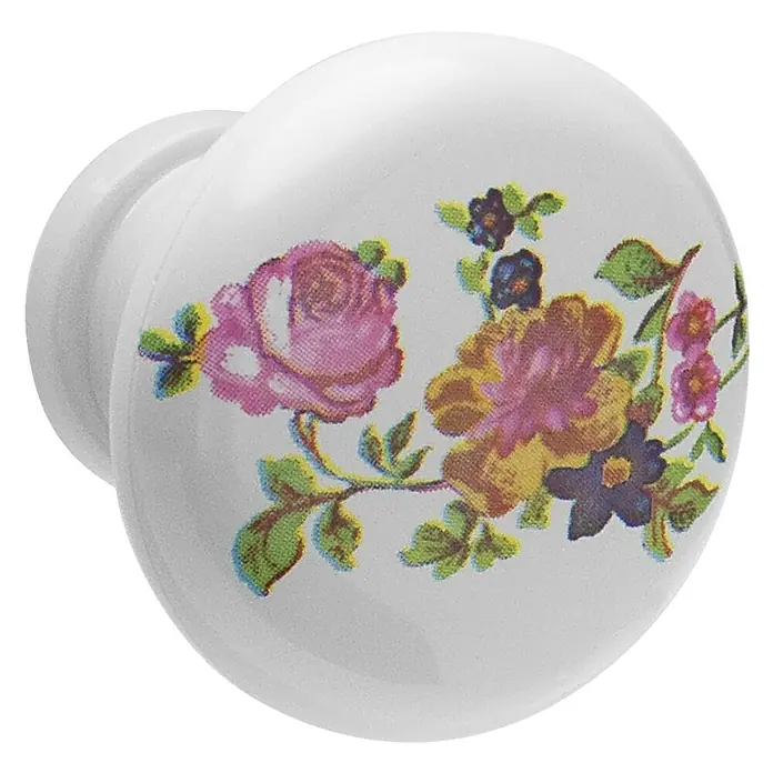 Siro Möbelknopf - Typ Möbelgriff: Knopf, Kunststoff, Sonstige, Durchmesser: 32 mm - Detailaufnahme eines Keramikknopfs mit floralem Muster, ideal für Möbel oder Schubladen. Vintage-Design für ein stilvolles Zuhause.