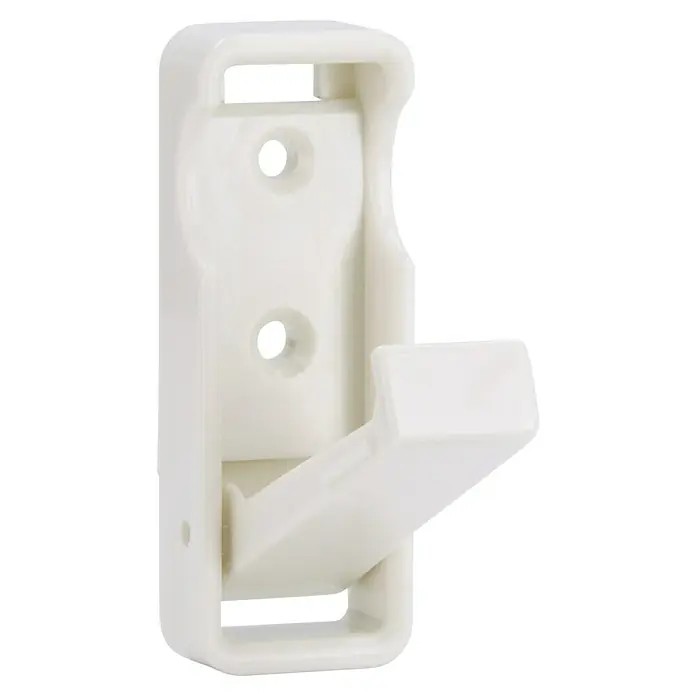 Siro Kleiderlüfter SM8252-70K10 - L x B x H: 25 x 70 x 57 mm, Anzahl Haken: 1 Stk. - Nahaufnahme eines weißen Wandhakens aus Kunststoff mit Löchern zur Befestigung und einem hervorstehenden Haken.