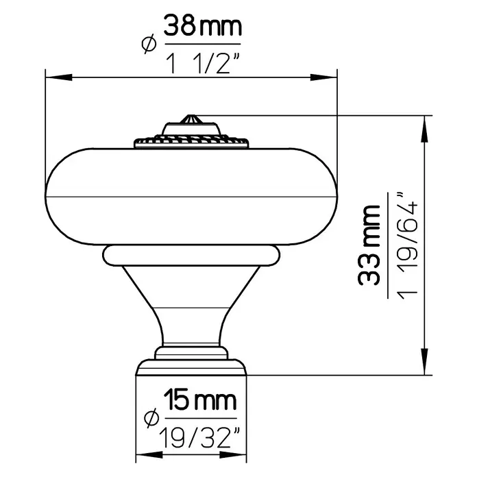 Siro Möbelknopf - Typ Möbelgriff: Knopf, Sonstige, Sonstige, Breite: 38 mm - Abbildung eines Möbelknopfs mit Maßangaben: Durchmesser oben 38 mm, Höhe 33 mm und Durchmesser unten 15 mm.
