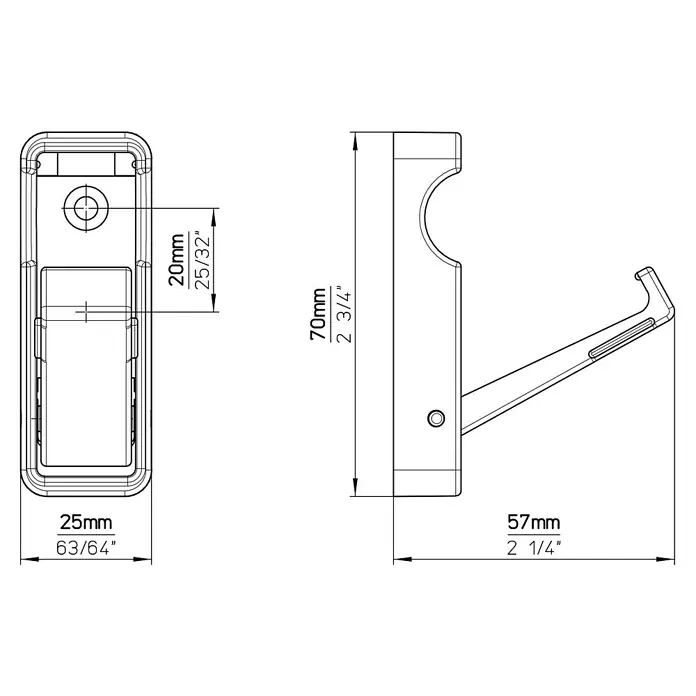 Siro Kleiderlüfter SM8252-70K10 - L x B x H: 25 x 70 x 57 mm, Anzahl Haken: 1 Stk. - Technische Zeichnung eines Kleiderbügelhalters mit Maßangaben in Millimetern und Zoll für Fertigung oder Montage.