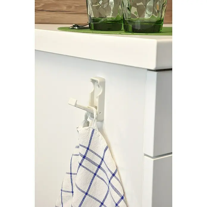 Siro Kleiderlüfter SM8252-70K10 - L x B x H: 25 x 70 x 57 mm, Anzahl Haken: 1 Stk. - Nahaufnahme eines weißen, an einer Schranktür befestigten Handtuchhalters mit einem blau karierten Geschirrtuch.
