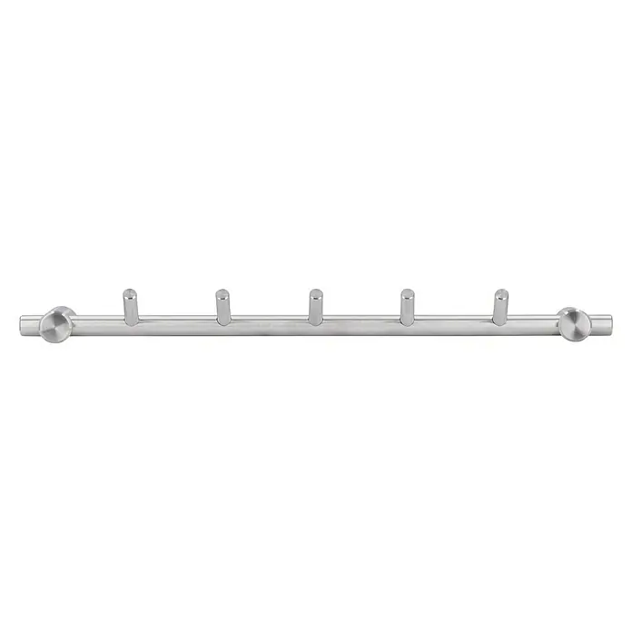 Siro Garderobenleiste 2312-320N1V - L x B x H: 320 x 31 x 59 mm, Anzahl Haken: 5 Stk. - Eine silberne Wandgarderobe mit fünf Haken und runden Endstücken vor schwarzem Hintergrund. Praktische Aufbewahrung für Jacken.