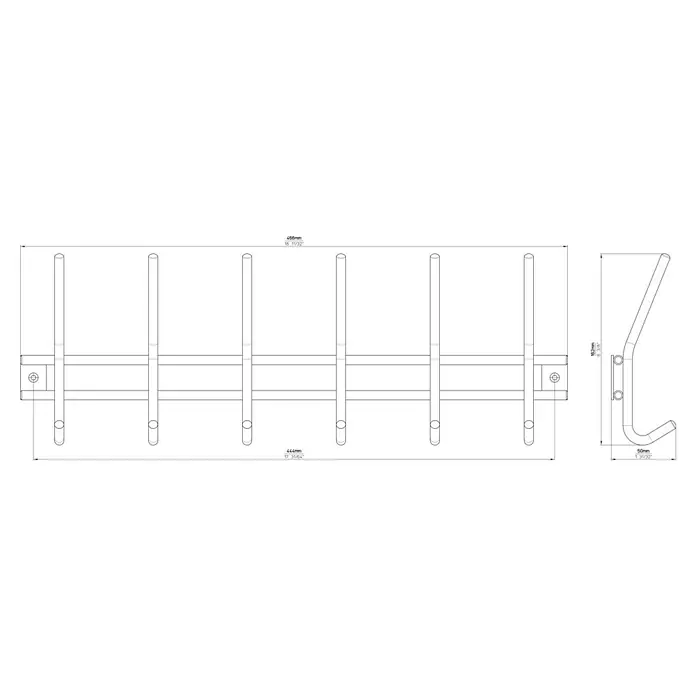 Siro Garderobenleiste 2196-460N1V - L x B x H: 460 x 160 x 50 mm, Anzahl Haken: 6 Stk. - Technische Zeichnung einer Wandgarderobe mit fünf Haken, seitlicher Ansicht und Maßangaben in mm und Zoll.