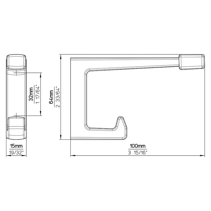 Siro Garderobenhaken - L x B x H: 15 x 64 x 100 mm, Anzahl Haken: 1 Stk. - Technische Zeichnung einer Regalhalterung mit Maßangaben in Millimetern und Zoll.