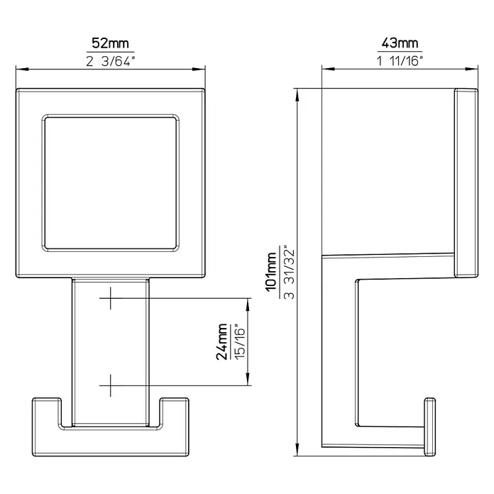 Siro Garderobenhaken 2434/ZN21 - L x B x H: 52 x 101 x 43 mm, Anzahl Haken: 3 Stk. - Technische Zeichnung einer Wandgarderobe mit Maßangaben. Die Garderobe ist aus Metall und hat eine quadratische Form.