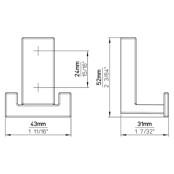 Siro Garderobenhaken 2435/ZN21 - L x B x H: 43 x 52 x 31 mm, Anzahl Haken: 2 Stk. - Produktskizze eines Kleiderhakens mit den Maßen 43mm x 31mm (Basis), 52mm Höhe und 24mm Abstand zwischen den Befestigungslöchern.