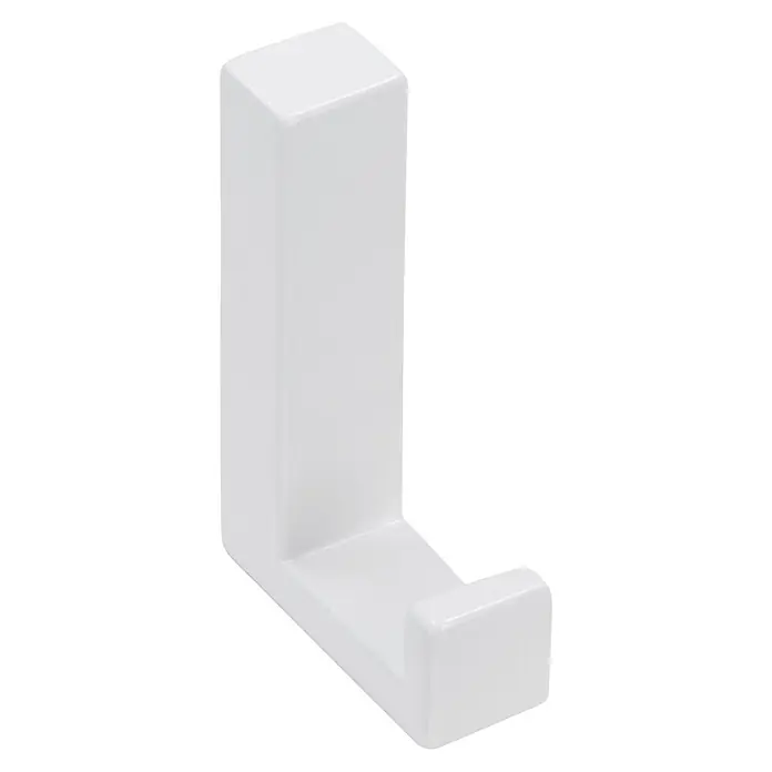 Siro GarderobenhakenL x B x H: 15 x 61 x 40 mm, Anzahl Haken: 1 Stk., Weiß - Nahaufnahme eines einzelnen, glänzend weißen Wandhakens mit minimalistischem, rechtwinkligem Design vor schwarzem Hintergrund.