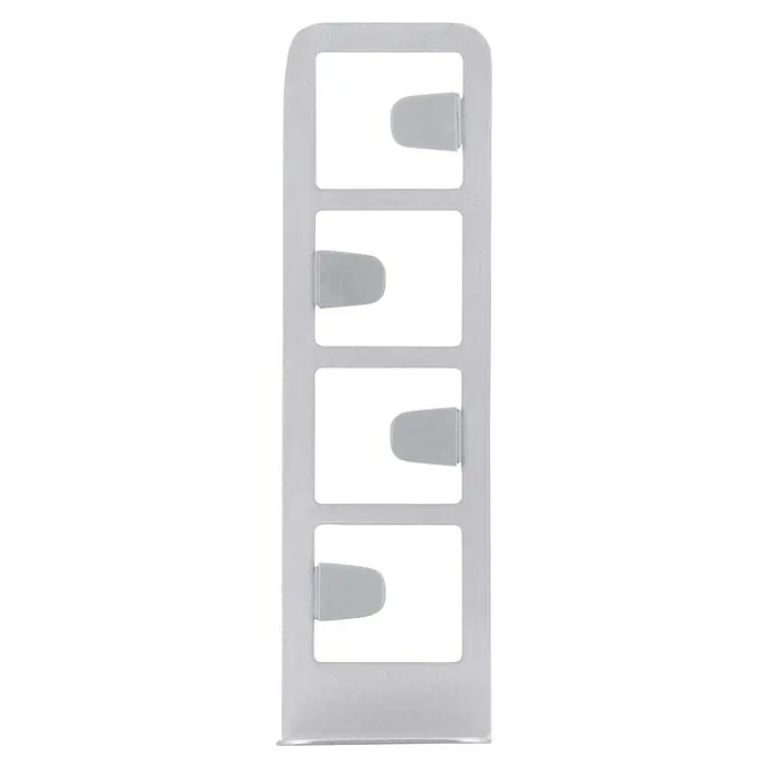 Siro Kleiderlüfter - L x B x H: 62 x 55 x 192 mm - Nahaufnahme eines weißen, rechteckigen Aufhängers mit vier Fächern und praktischen Laschen, ideal zur Organisation verschiedener Gegenstände.