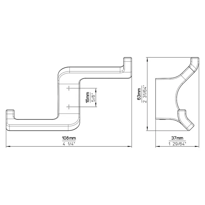 Siro Garderobenhaken 2377/ZN1 - L x B x H: 108 x 63 x 37 mm, Anzahl Haken: 1 Stk. - Technische Zeichnung einer Wandhaken-Halterung mit Maßangaben in Millimetern und Zoll für Installationszwecke.