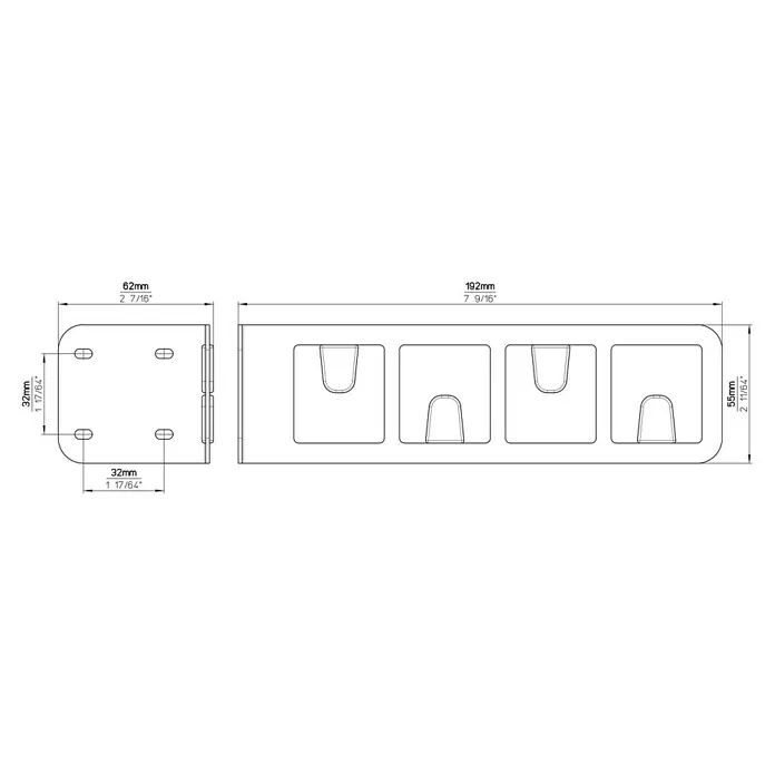Siro Kleiderlüfter - L x B x H: 62 x 55 x 192 mm - Eine technische Zeichnung eines Produktes mit Maßangaben in Millimetern und Zoll, die die Abmessungen des Artikels zeigen.