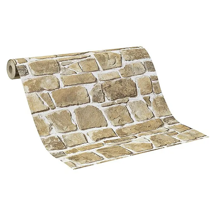 Rasch Papiertapete - Beige/Creme, Steinoptik, 10,05 x 0,53 m - Nahaufnahme einer Rolle Mauerwerk-Tapete, die eine realistische Steinoptik für ein rustikales Wohnambiente bietet.