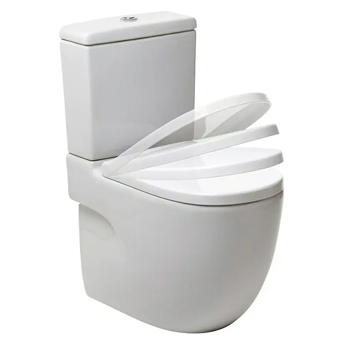 Tatay Tapa de WC Optima Merida - Plástico, Blanco, Con caída amortiguada - Primer plano de un inodoro blanco con el asiento parcialmente abierto, sobre un fondo negro. Diseño moderno y minimalista.