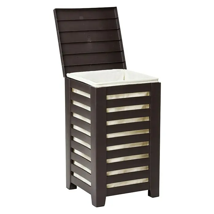 Tatay Cubo para la ropa Lombok Pongotodo - L x An x Al: 34 x 34 x 58 cm, Marrón - Cesto de ropa sucia de madera oscura con diseño de listones y forro de tela blanca, ideal para baño o lavadero.