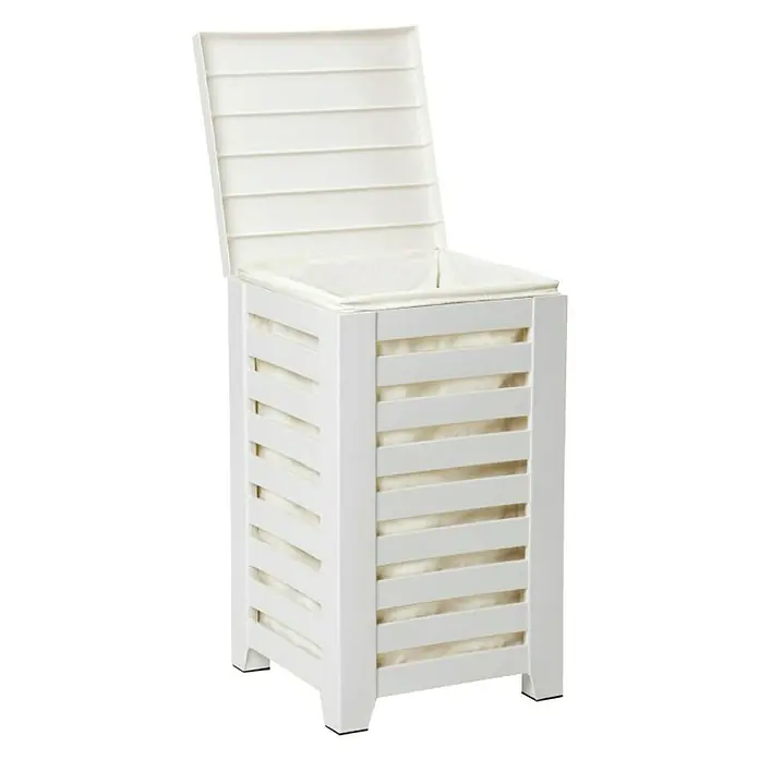 Tatay Cubo para la ropa Lombok Pongotodo - L x An x Al: 34 x 34 x 58 cm, Blanco - Una cesta de lavandería blanca con tapa abierta, que revela una bolsa de lavandería interior de color claro, perfecta para cualquier baño o lavadero.