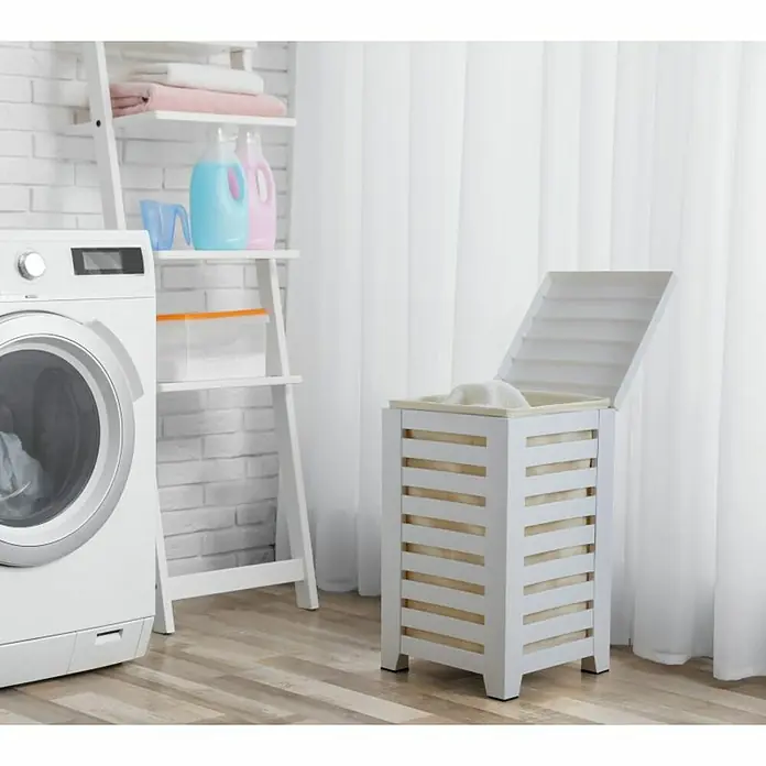 Tatay Cubo para la ropa Lombok Pongotodo - L x An x Al: 34 x 34 x 58 cm, Blanco - Esta cesta de lavandería de listones con tapa con bisagras es perfecta para cualquier baño o lavadero.