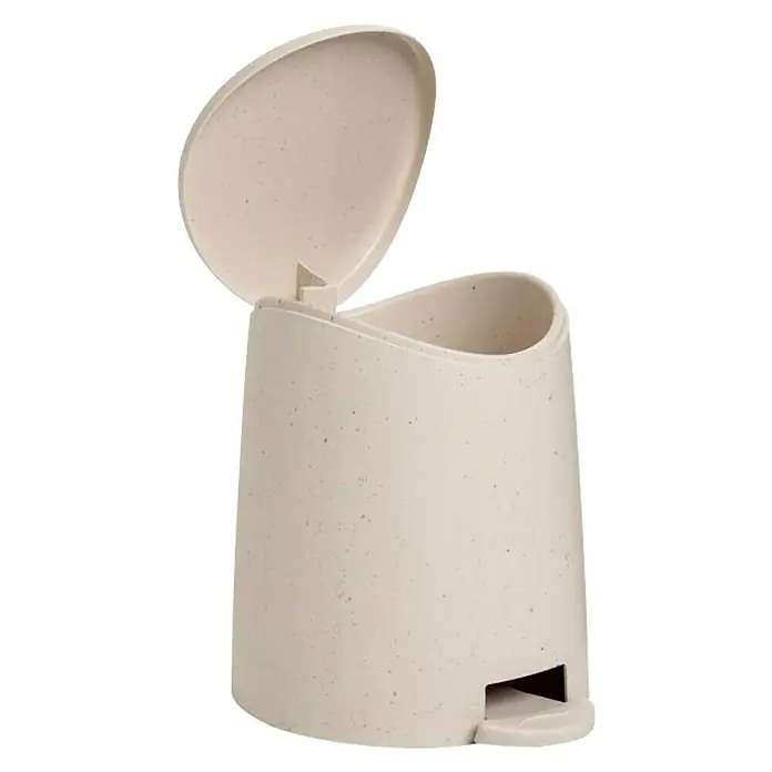 Tatay Standard Cubo con pedal - 3 l, Plástico, Beige - Cubo de basura beige con pedal y tapa abierta, ideal para baños o espacios pequeños, mostrando un diseño moderno y funcionalidad práctica.