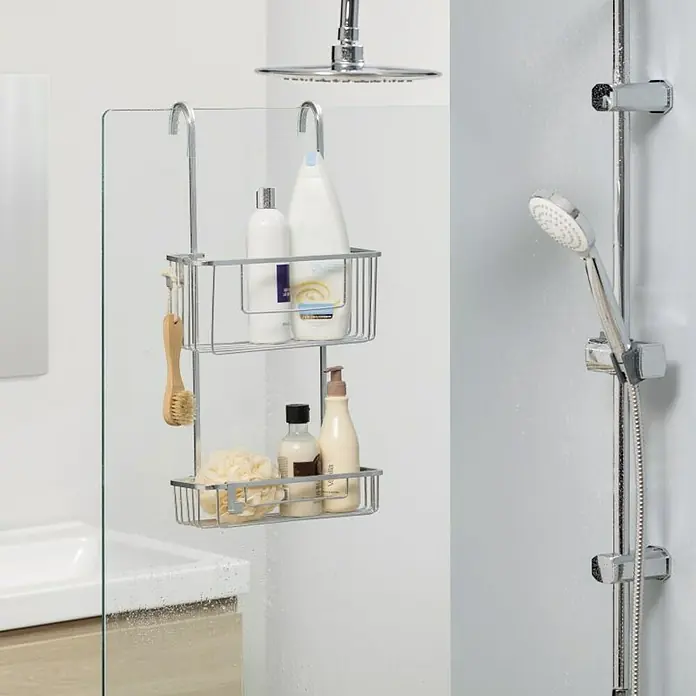 Tatay Aluminium Cesta de baño - 15,5 x 28 x 56 cm, Aluminio, Cromo - Cesta de ducha metálica de dos niveles que contiene varios productos de baño como champú, gel de ducha y una esponja.