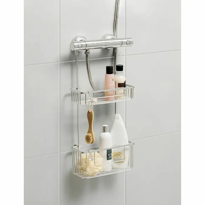 Tatay Aluminium Cesta de baño - 13,5 x 28 x 60 cm, Aluminio, Cromo - Un estante de ducha de dos niveles hecho de metal plateado cuelga de un accesorio de ducha, ofreciendo almacenamiento para lo esencial de la ducha.