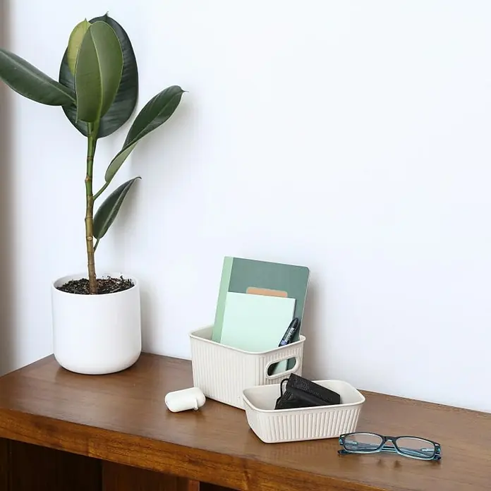 Tatay Baobab Cesta para la ropa - 29,4 x 38,5 x 16 cm, Plástico, Beige - Un primer plano de una mesa con una planta, cajas de almacenamiento, auriculares y gafas, creando una escena elegante y organizada.