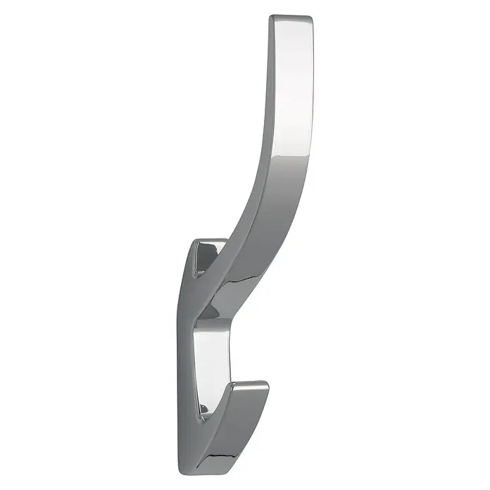 Siro Garderobenhaken 2432/ZN1 - L x B x H: 150 x 15 x 71 mm, Anzahl Haken: 2 Stk., Chrom, Metall - Nahaufnahme eines glänzenden, silbernen Doppelmantelhakens, der ein modernes Design und Funktionalität im Badezimmer vereint.