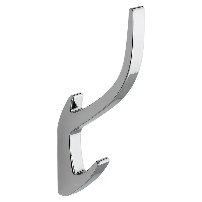 Siro Garderobenhaken 2432/ZN1 - L x B x H: 150 x 15 x 71 mm, Anzahl Haken: 2 Stk., Chrom, Metall - Nahaufnahme eines glänzenden, modernen Mantelhaken aus Chrom, der an einer schwarzen Wand befestigt ist und Funktionalität mit Stil verbindet.