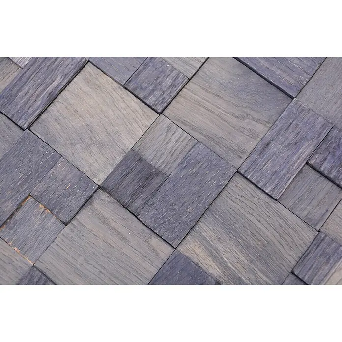 Selbstklebemosaik Wood SWM MC11B - 30 x 30 cm, Anthrazit, Matt - Nahaufnahme eines Musters aus blaugrauen Holzquadraten unterschiedlicher Größe, die eine interessante und moderne Textur bilden.
