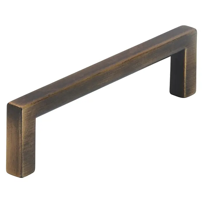 Siro Möbelgriff - Typ Möbelgriff: Bügel, L x B: 104 x 8 mm, Goldgelb, Material Möbelgriff: Sonstige - Nahaufnahme eines stilvollen, bronzefarbenen Möbelgriffs mit quadratischem Design, ideal für moderne Schränke und Schubladen.